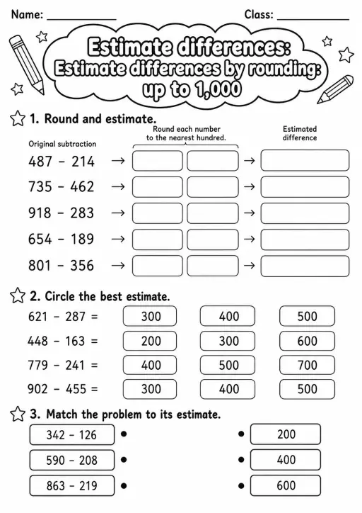 Grade 3 Estimate Differences Math Worksheet Pack