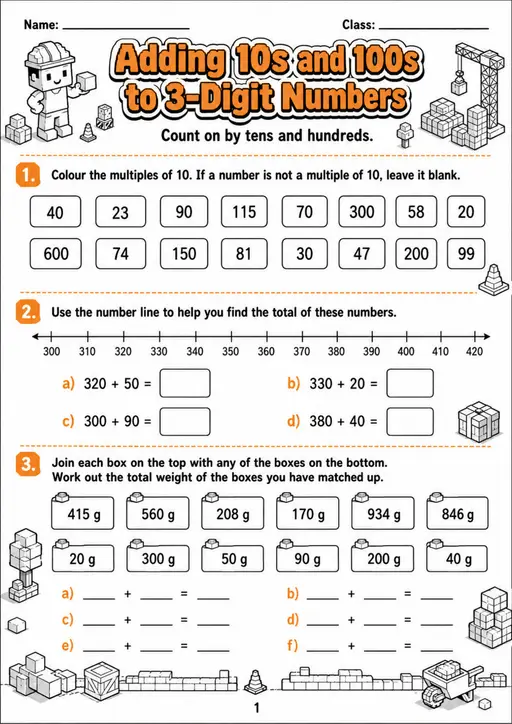 Adding 10s and 100s to 3-Digit Numbers - Grade 3 Math Worksheet - grade 3 Labeling, matching, sorting, and classification