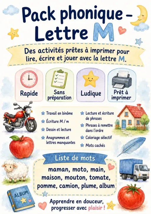 French Letter M Phonics Worksheets Pack