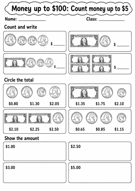 Grade 2 Money Up To $100 Math Worksheet Pack