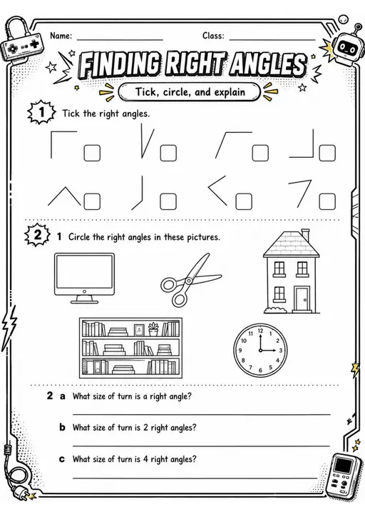 FINDING RIGHT ANGLES - Grade 3 Math Worksheet