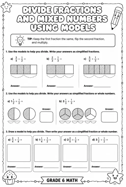 Divide fractions and mixed numbers using models