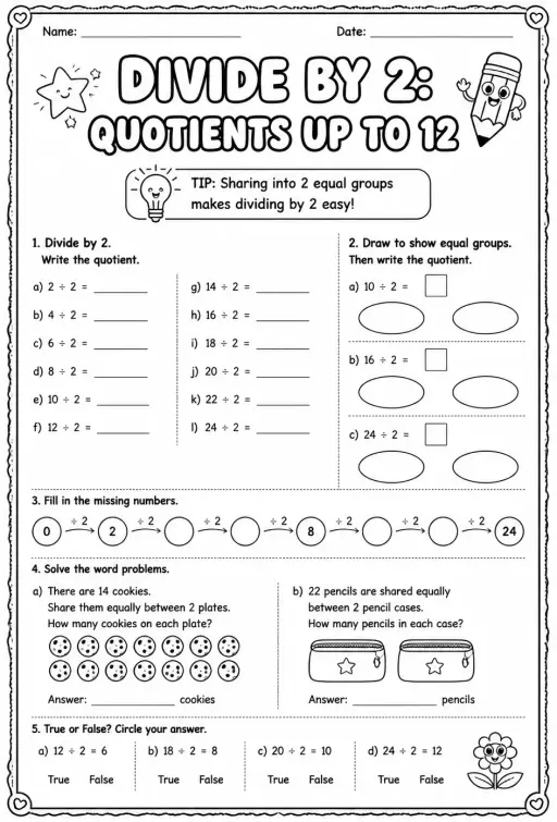 Divide by 2: quotients up to 12
