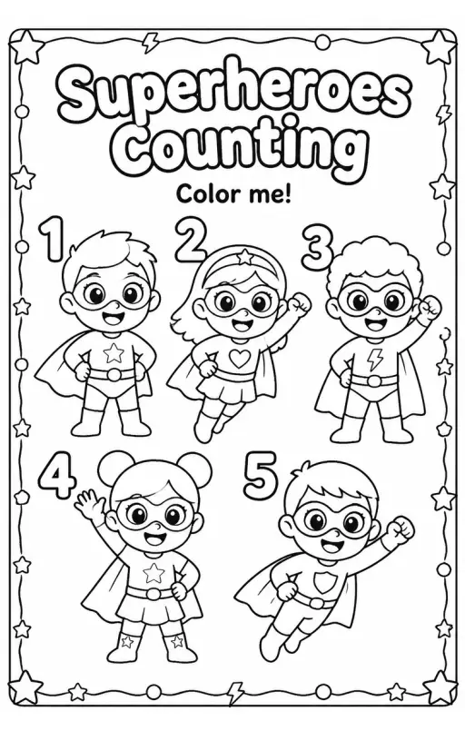 Superheroes Counting Coloring Page