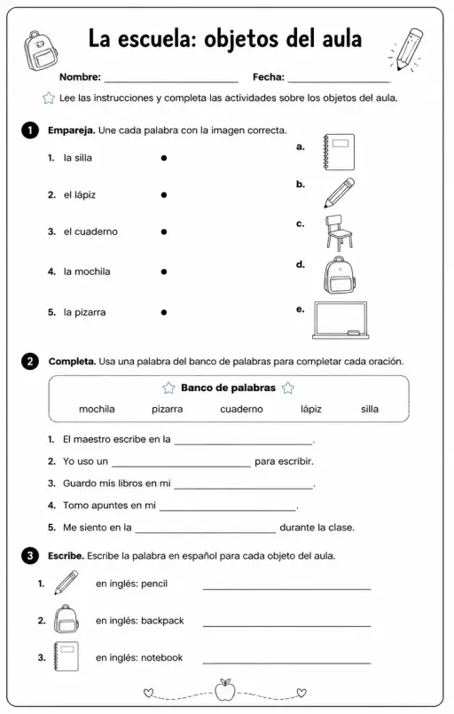 Reconocer palabras, frases u oraciones en español relacionadas con objetos del aula.