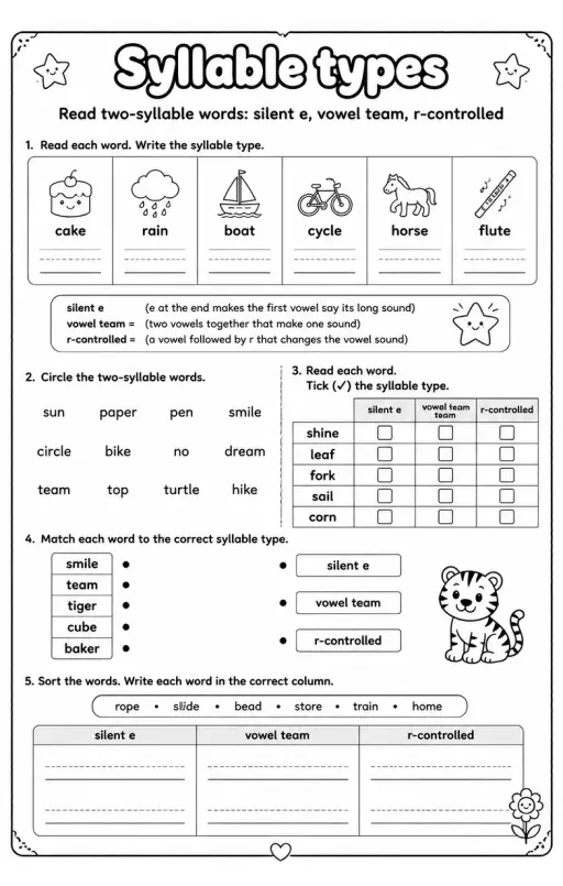 Read two-syllable words: silent e, vowel team, r-controlled