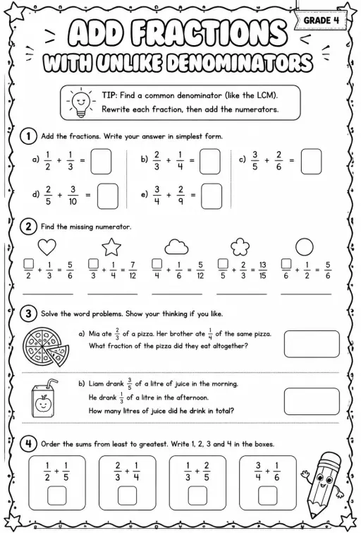 Add fractions with unlike denominators