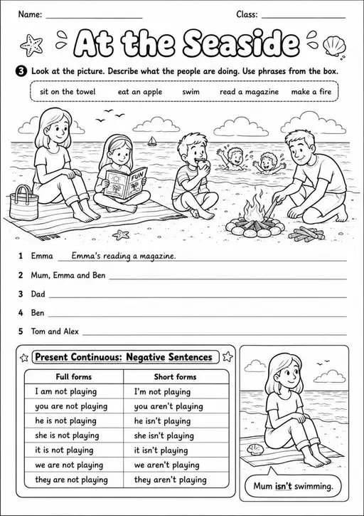 Present Continuous: At The Seaside 3 | Grades 3-4 Grammar Worksheet