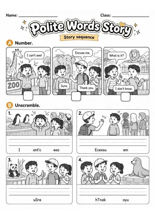 Polite Words Story | Grade 1 Vocabulary Worksheet