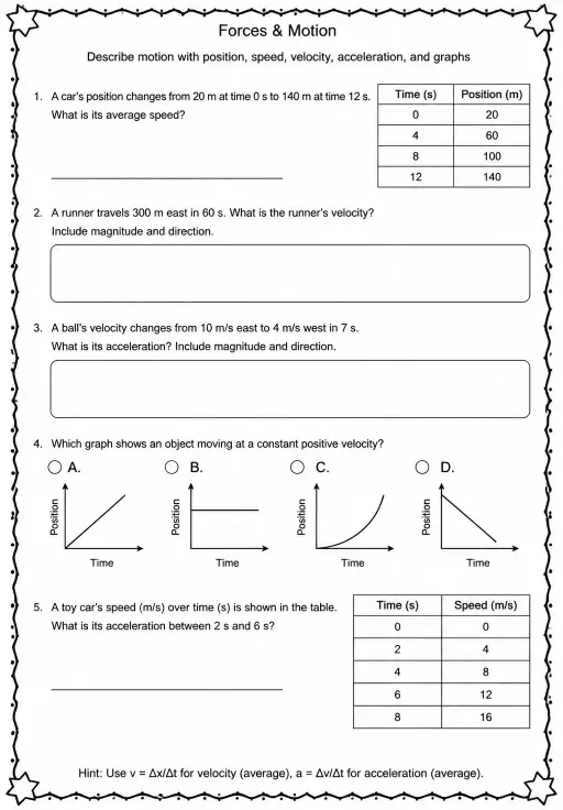 Describe motion with position, speed, velocity, acceleration, and graphs