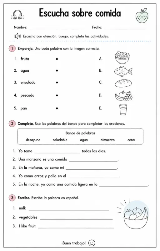Reconocer palabras, frases o oraciones en español relacionadas con hábitos alimenticios.