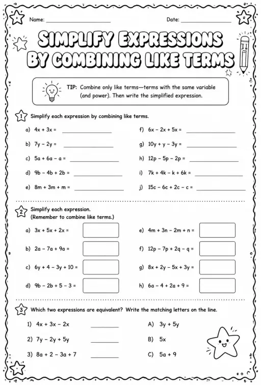 Simplify expressions by combining like terms