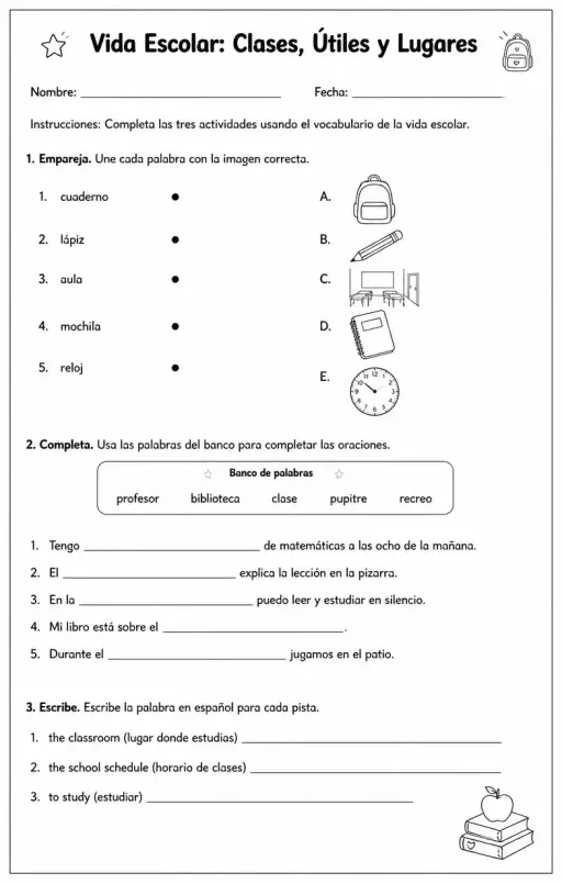 Usar palabras para clases, útiles, objetos del aula, horarios y lugares escolares.