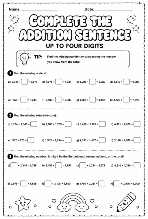 Complete the addition sentence: up to four digits