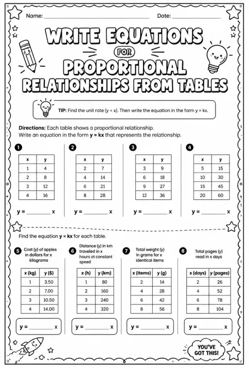 Write equations for proportional relationships from tables