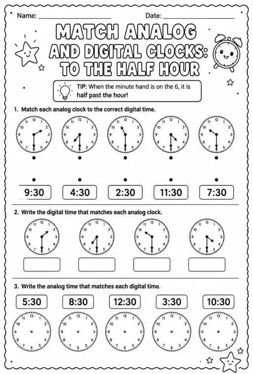 Match analog and digital clocks: to the half hour