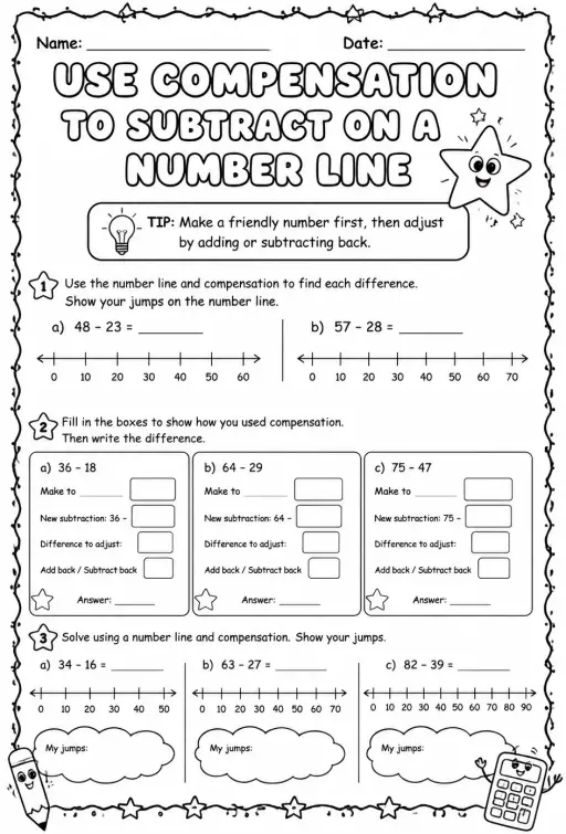 Use compensation to subtract on a number line - up to two digits