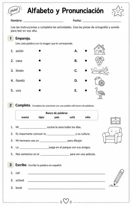 Usar pistas de ortografía y sonido para leer palabras familiares en español en voz alta.