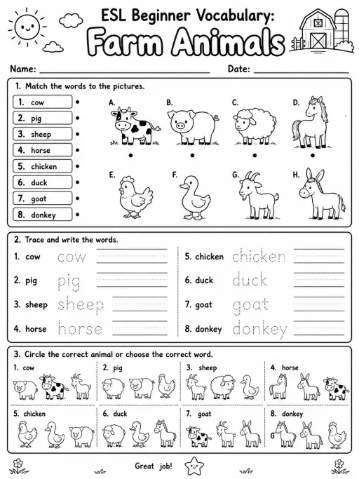 ESL Beginner Vocabulary: Farm Animals