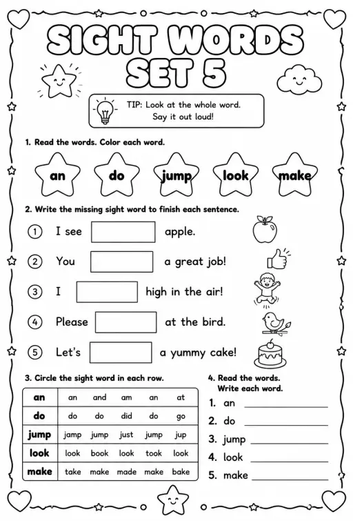 Read sight words set 5: an, do, jump, look, make