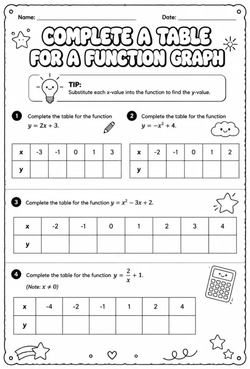 Complete a table for a function graph