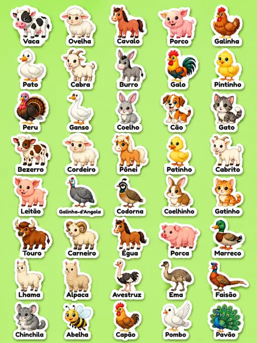 Animais da fazenda - Folha de adesivos imprimíveis