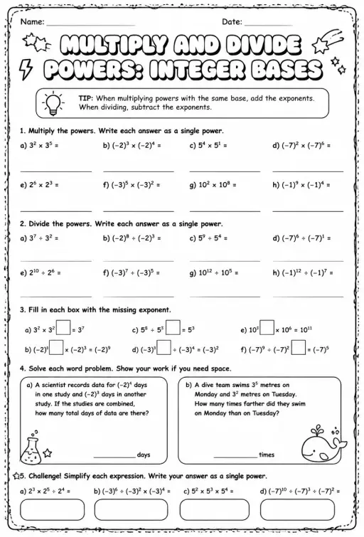 Multiply and divide powers: integer bases