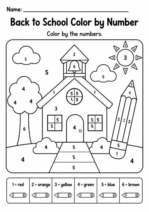 Back to School Color by Number — Kindergarten
