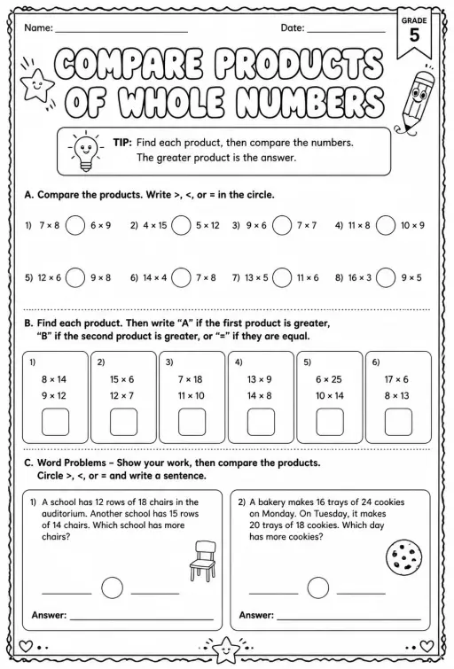 Compare products of whole numbers