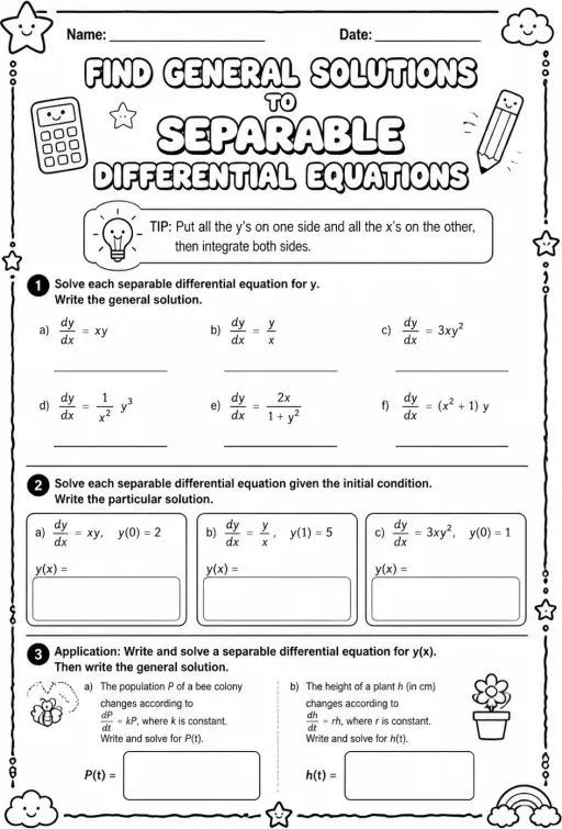 Find general solutions to separable differential equations