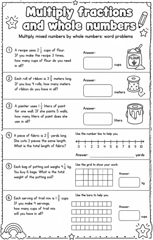 Multiply mixed numbers by whole numbers: word problems