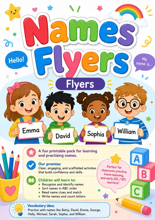 Names Flyers Vocabulary Worksheet Pack