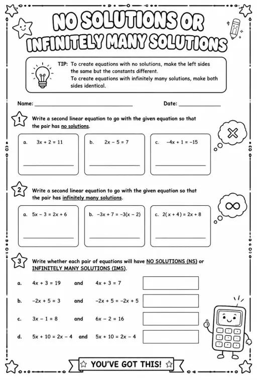 Create linear equations with no solutions or infinitely many solutions