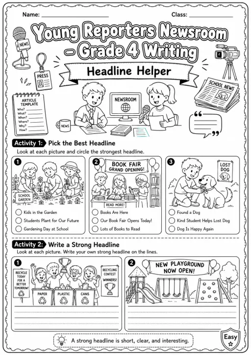 Young Reporters Newsroom Headline Writing Worksheet Pack