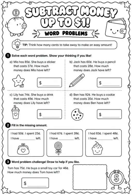 Subtract money up to $1: word problems