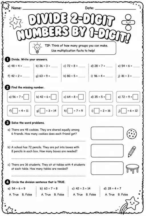 Divide 2-digit numbers by 1-digit numbers