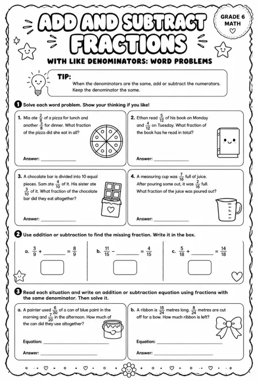 Add and subtract fractions with like denominators: word problems