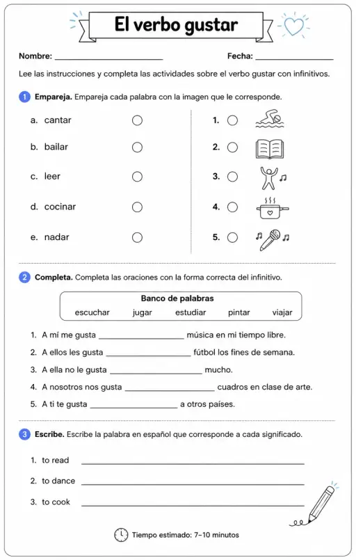 Reconocer palabras, frases o oraciones en español relacionadas con gustar con infinitivos.