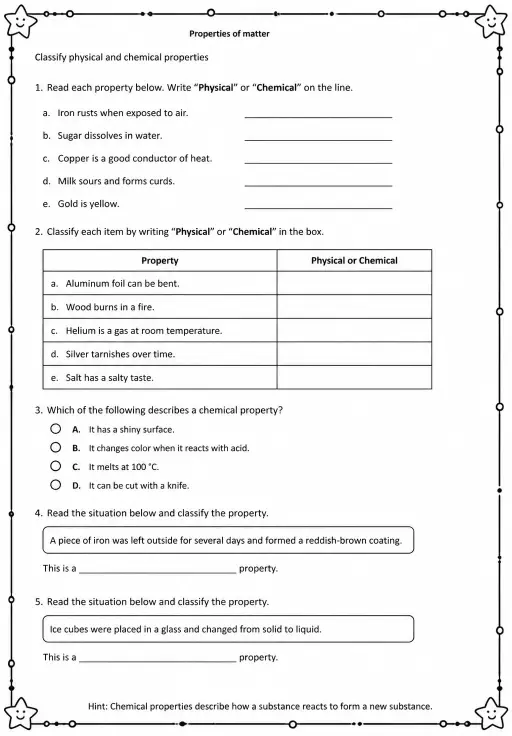 Classify physical and chemical properties