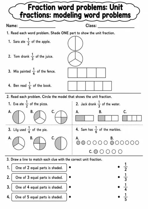 Grade 3 Fraction Word Problems Math Worksheet Pack