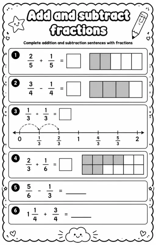 Complete addition and subtraction sentences with fractions