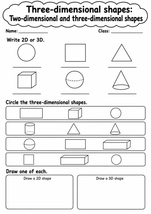 Grade 1 Three Dimensional Shapes Math Worksheet Pack