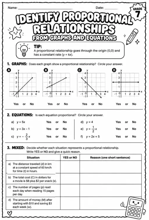 Identify proportional relationships from graphs and equations