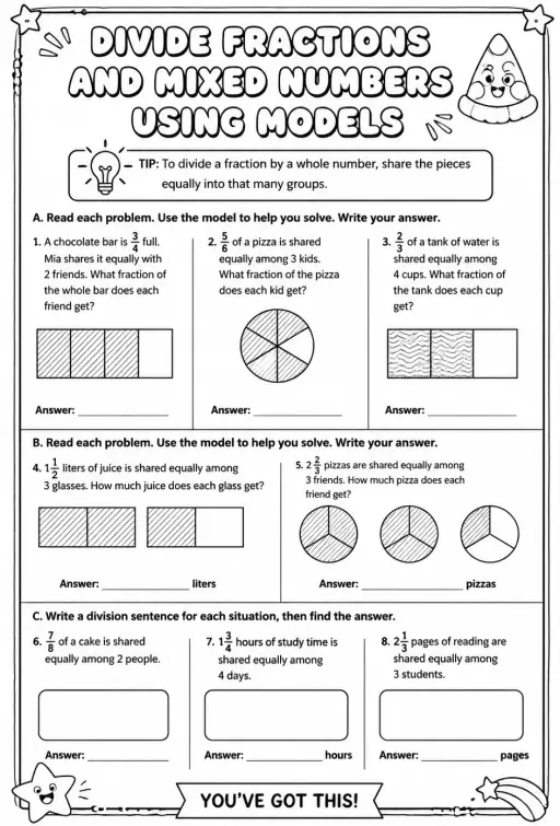 Divide fractions and mixed numbers using models: word problems