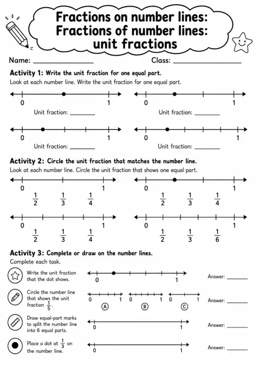 Grade 3 Fractions On Number Lines Math Worksheet Pack