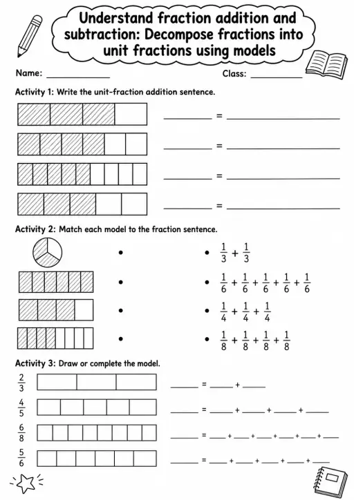 Grade 4 Understand Fraction Addition And Subtraction Math Worksheet Pack