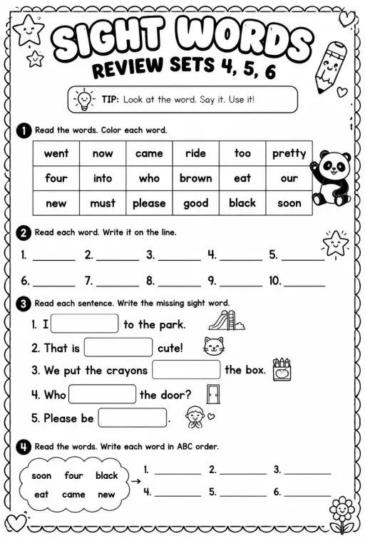 Read sight words: review sets 4, 5, 6
