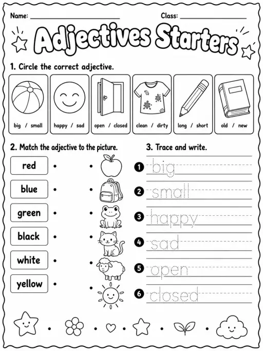 Adjectives Starters Vocabulary Worksheet Pack