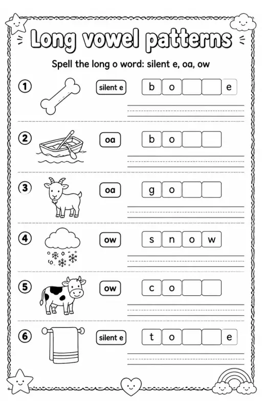 Spell the long o word: silent e, oa, ow