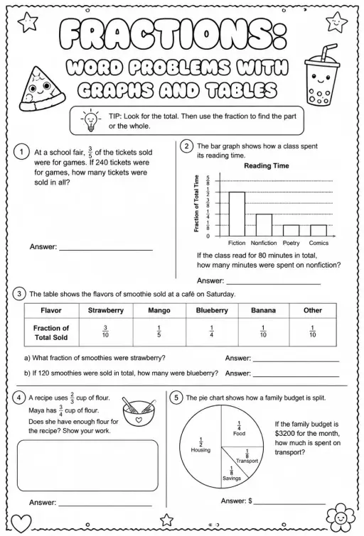 Fractions: word problems with graphs and tables